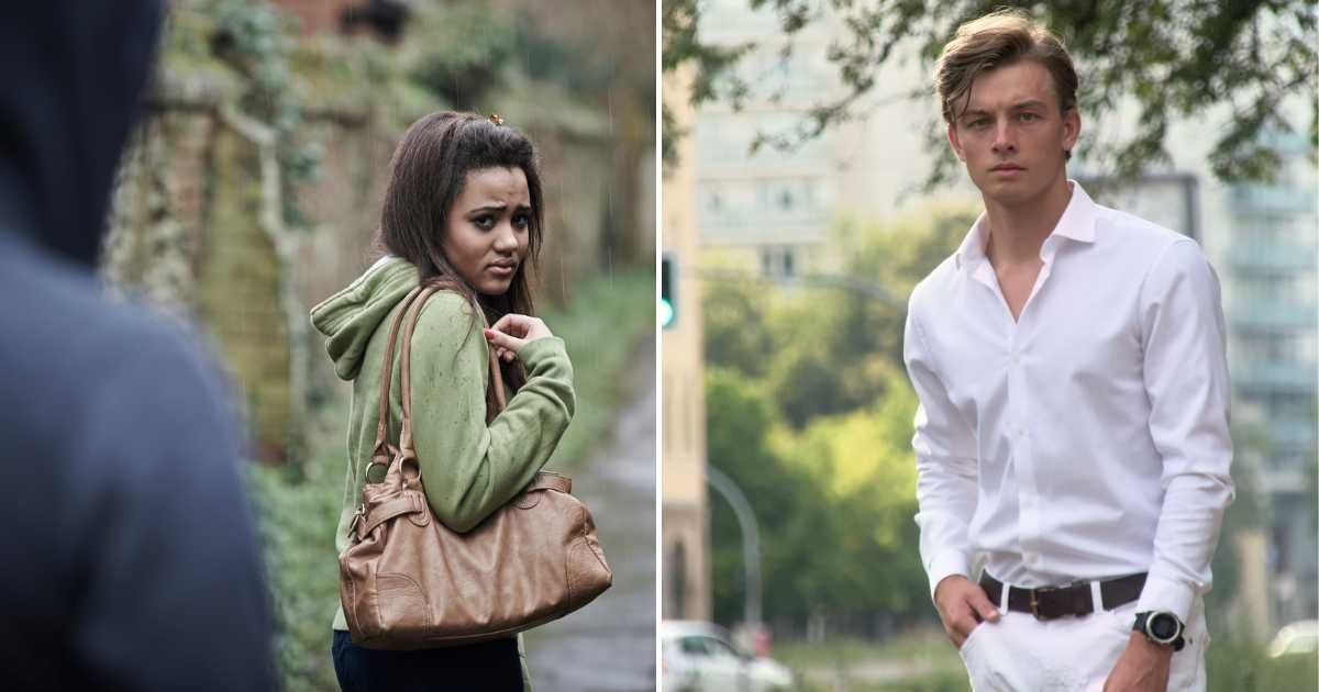 (L) A woman being harassed by a man on the street. (R) A man walking on the street notices something unusual. (Representative Cover Image Source: L - Getty Images | MachineHeadz, Pexels| Simon Schlee)