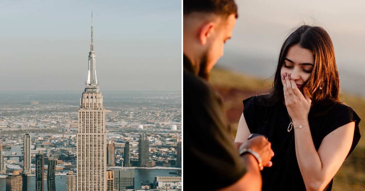 The Empire State Building in New York (L). A woman shocked after getting proposed to (R). ((L) Cover Image Source: Pexels | Laura Tancredi (R) Representative Cover Image Source: Pexels | Vinicius Quaresma)