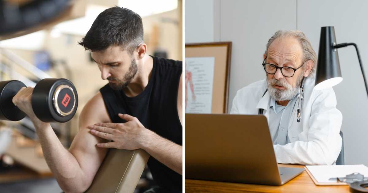 (L) Man doing bicep exercise in gym. (R) Doctor using laptop. (Representative Cover Image Source: Pexels | (L) Andrea Piacquadio, (R) Tima Miroshnichenko)