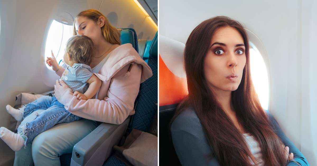 A woman with a child on a plane (L). A woman looking entitled and angry on a plane (R). (Representative Cover Image Source: Getty Images | Photo by Argutinskaya and nicoletaionescu)