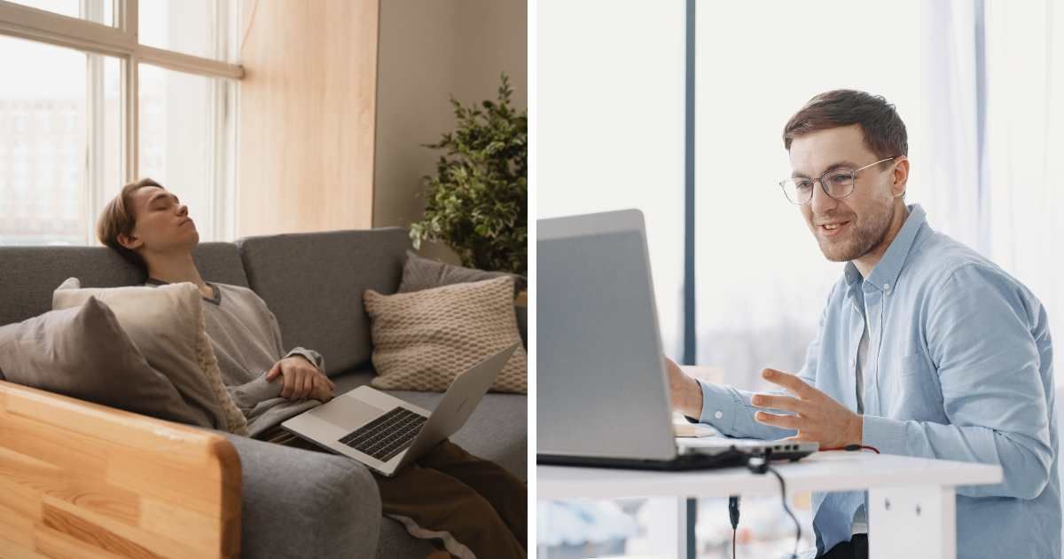 (L) Man sleeping with a laptop on. (R) Man explaining in meeting. (Representative Cover Image Source: Pexels | (L) Ekaterina Bolovtsova, (R) Gustavo Fring)