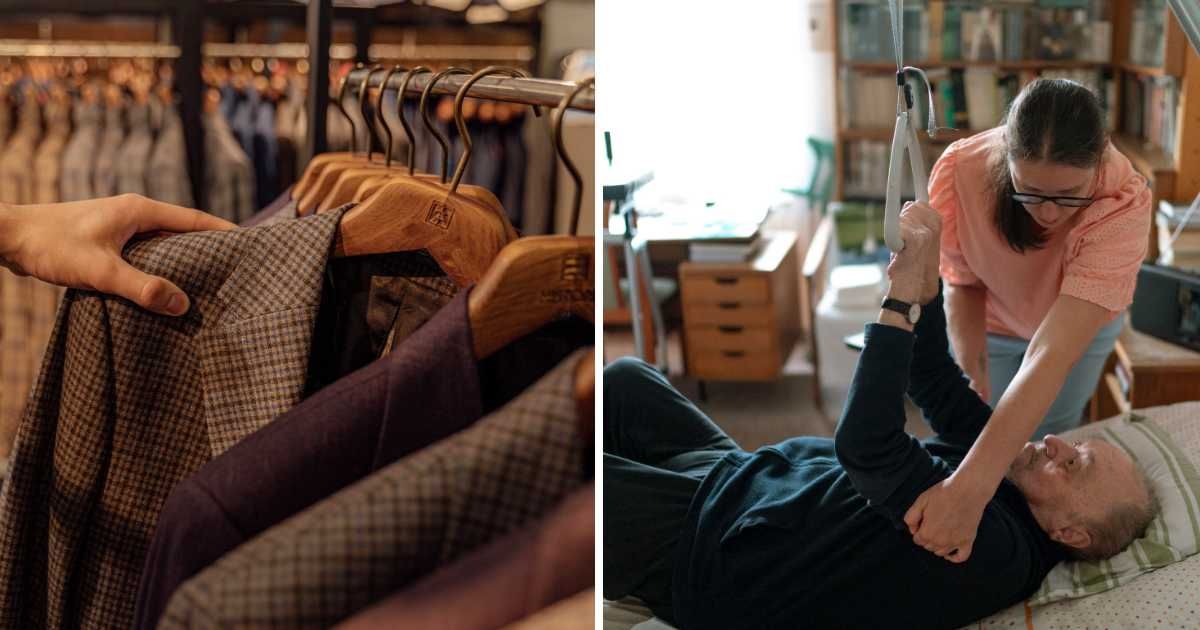 (L) Man picking out suit. (R) Old man with female caregiver. (Representative Cover Image Source: Pexels | (L) AI25.Studio Studio, (R) Jsme MILA)