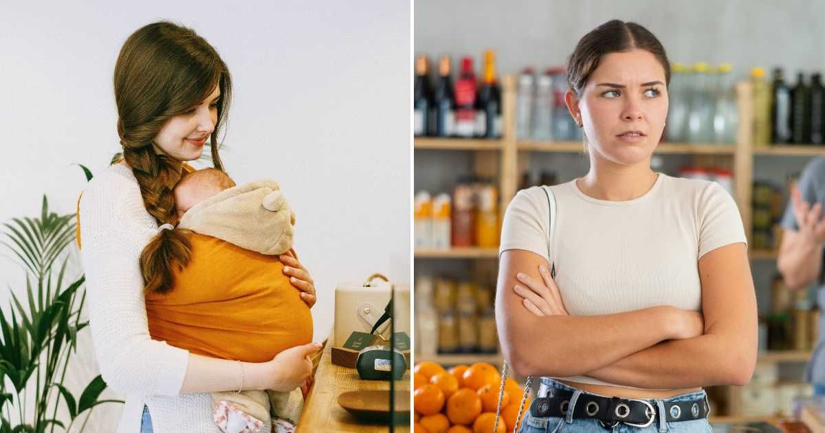  (L) A woman at a grocery store check-out with a baby. (R) A woman looking irritated at the grocery check-out. (Representative Cover Image Source: L - Pexels | Ivan S, R - Getty Images| JackF)