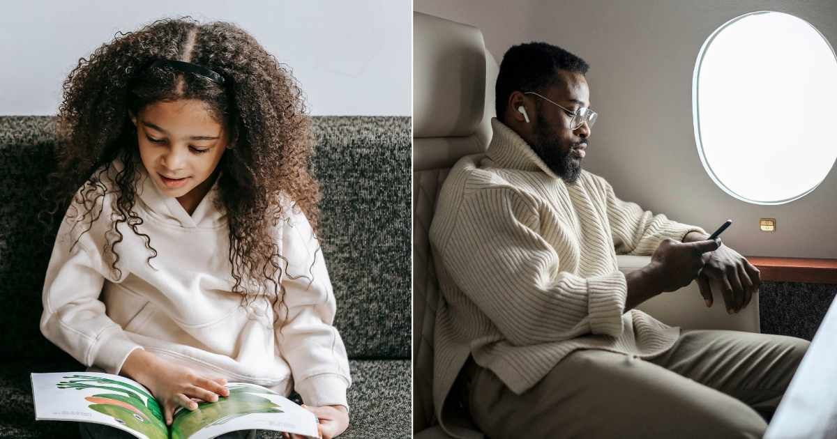 (L) A little girl seated, engrossed in reading a book. (R) An angry man is sitting on a window seat in a plane. (Representative Cover Image Source: Pexels| L - Marta Waves, R - Cottonbro studio)