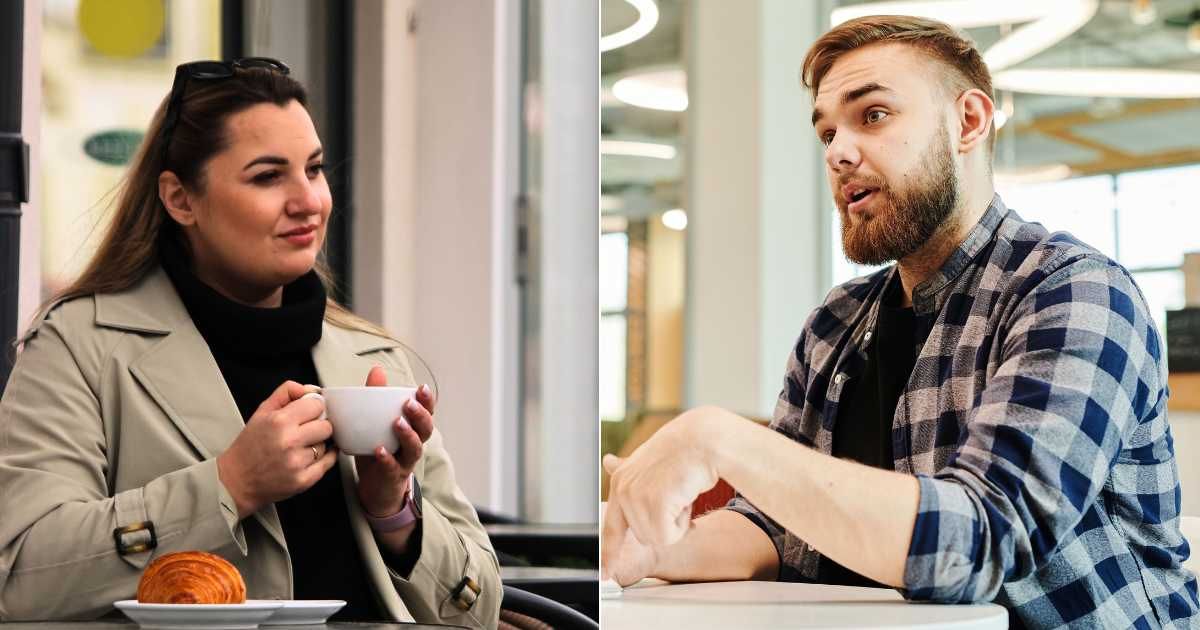 (L) A woman tries to maintain composure while listening to someone at a cafe. (R) A man is speaking and trying to make a point. (Representative Cover Image Source: Pexels| L - Лия Дударук, R -  Henri Mathieu-Saint-Laurent)