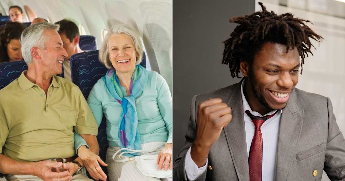 (L) An elderly couple sitting together in a plane. (R) A man smiles excitedly after seeing something. (Representative Cover Image Source: L - Getty Images | Westend61, R - Pexels| Yan Krukau)