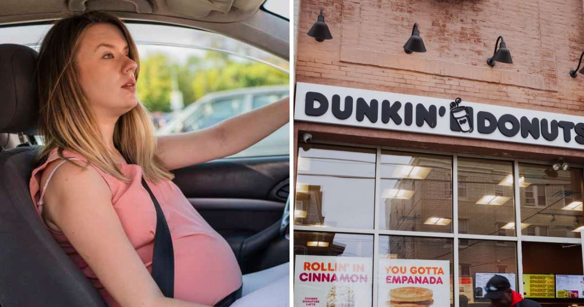 (L) Pregnant woman in a car. (R) Dunkin Donut outlet. (Representative Cover Image Source: L - Getty Images| Ijuba Images R - Pexels| K)
