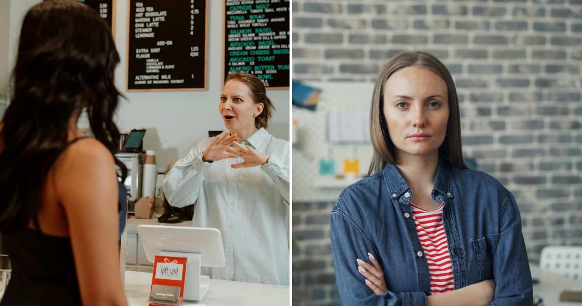 A waitress talking to a customer (L). A woman looking visibly disappointed(R)(Representative Cover Image Source: Pexel Images | Photo by RDNE Stock project and Vitaly Gariev)