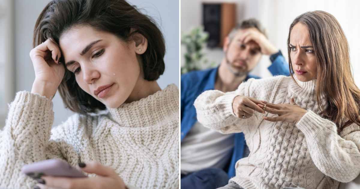 A woman crying after reading something on the phone (L). A woman angrily taking her engagement ring off (R) (Representative Cover Image Source: Pexel and Getty Images | Photo by Ivan S and SimpleImages)