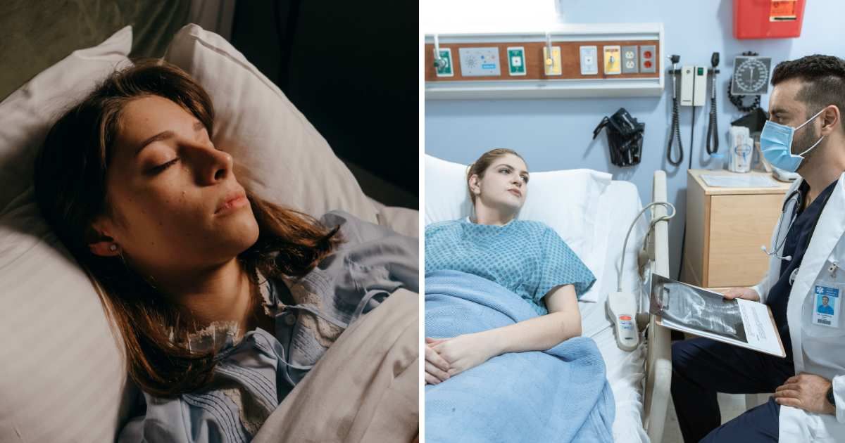 (L) Young woman sleeping. (R) Woman talking to doctor in hospital. (Representative Cover Image Source: Pexels | (L) Polina, (R) RDNE Stock project)