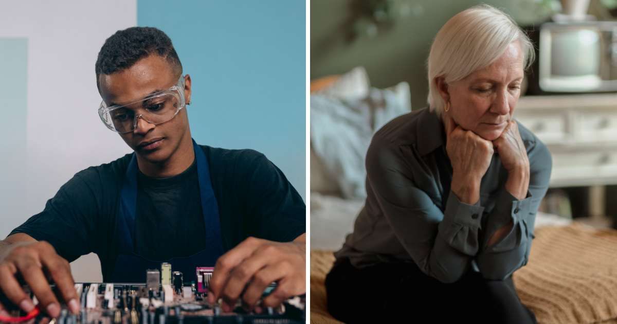 (L) Male technician. (R) Sad old woman sitting on bed. (Representative Cover Image Source: Pexels | (L) Mikhail Nilov, (R) RDNE Stock project)
