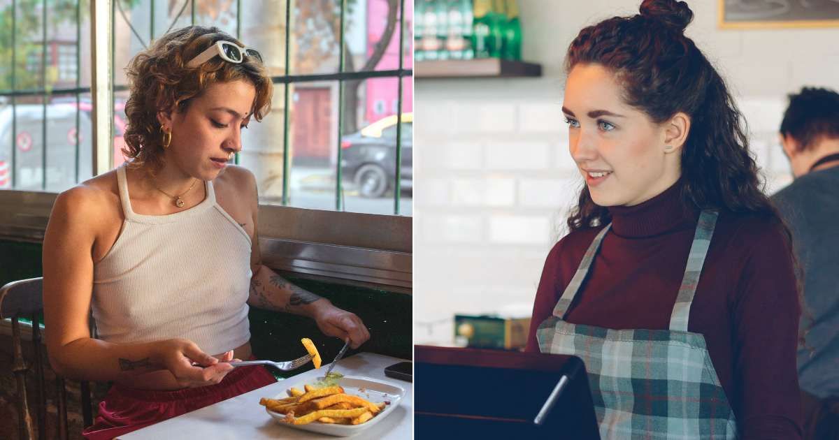 (L) A woman wearing a tank top at a restaurant looks dissatisfied. (R) A server looks confused. (Representative Cover Image Source: Pexels| L - Gabii Fernandez, R - Vitaly Gariev)