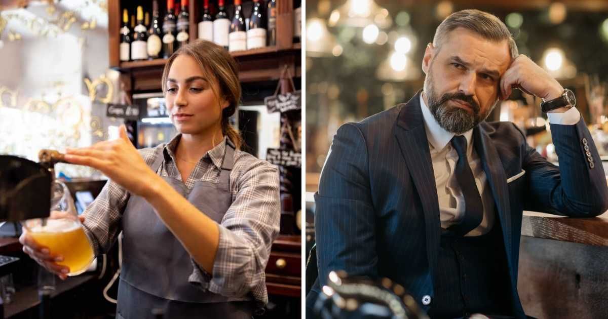 (L) Bartender engrossed in filling drink. (R) Man sitting at bar. (Representative Cover Image Source: Getty Images, Pexels | (L) andresr, (R) Pavel Danilyuk)