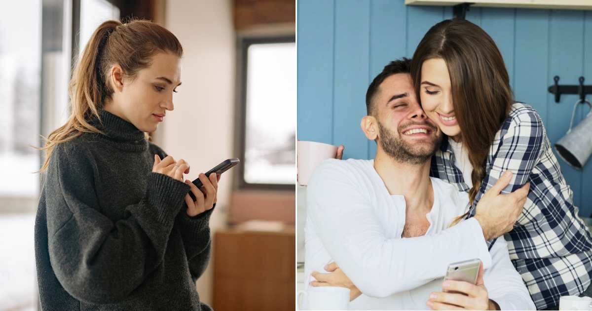 (L) A woman looks curious as she browses on her phone. (R) A man affectionately cuddles his partner. (Representative Cover Image Source: Pexels| L - Yan Krukau, R - Vitaly Gariev)