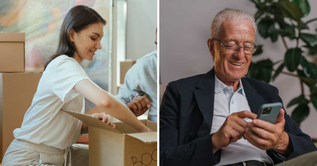 (L) Woman moving in with boxes. (R) An old man using a phone. (Representative Cover Image Source: Pexels | (L) cottonbro studio, (R) SHVETS production)