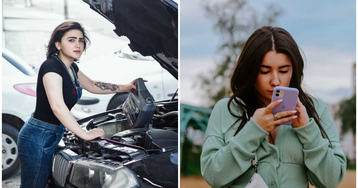 (L) A woman looks worried while trying to fix her car. (R) A woman is looking at her phone disappointedly. (Representative Cover Image Source: Pexels| L - arvin latifi, R - Ejov Igor)