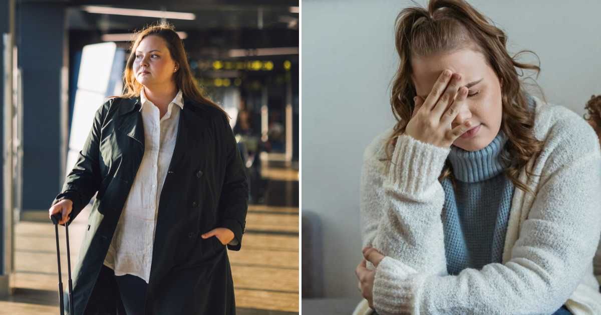 A plus-size woman in an airport (L). A woman looking upset (R). (Representative Cover Image Source: Pexels Images | Photo by FreshSplash and Keira Burton)