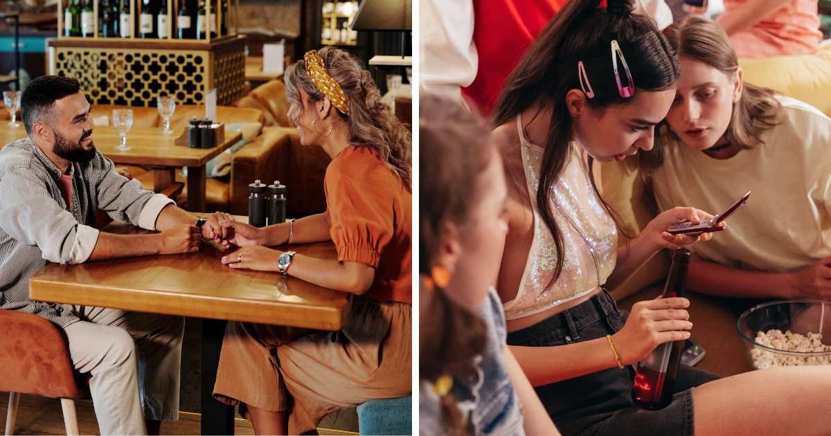 (L) Man and a woman talking at a bar. (R) Women surprised, looking at a phone. (Representative Cover Image Source: Pexels | (L) Jep Gambardella, (R) Cottonbro Studio)