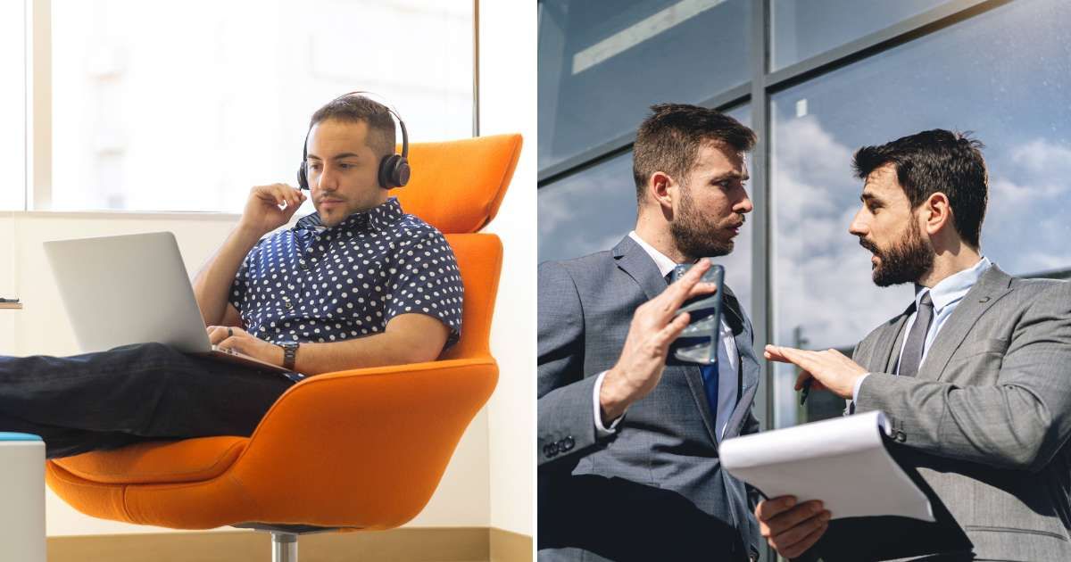A man lounging on a chair and working (L). Two workers having an argument (R). (Representative Cover Image Source: Pexel and Getty Images | Photo by LinkedIn Sales Navigator and FluxFactory)