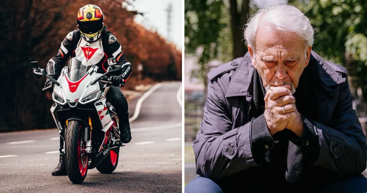 (L) Bike rider sitting on his vehicle. (R) Sad old man crying. (Representative Cover Image Source: Pexels | (L) cnrdmroglu, (R) Ivan S)