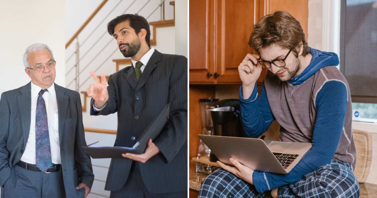 (L) An elderly man looks worried as he speaks with the officer. (R) A man smirks as he looks at his laptop. (Representative Cover Image Source: Pexels| L - Kampus Production, R - RDNE Stock Project)