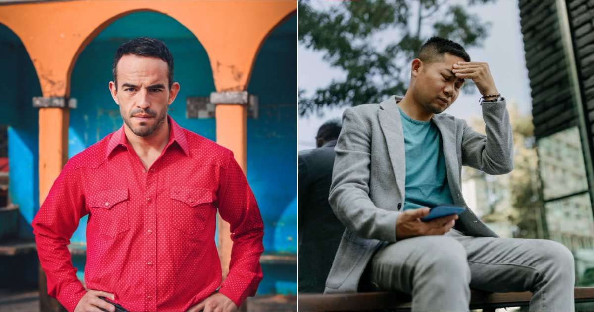 An authoritative man is standing  (L). A man is upset and crying (R). (Representative Cover Image Source: Pexels and Getty Images | Photo by Carlos Aguilar and supersizer)