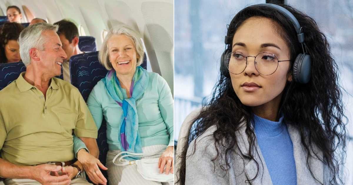 (L) An old couple is sitting inside a plane. (R) A passenger looks agitated and annoyed while traveling. (Representative Cover Image Source: L - Getty Images | Westend61, R - Pexels| cottonbro studio)