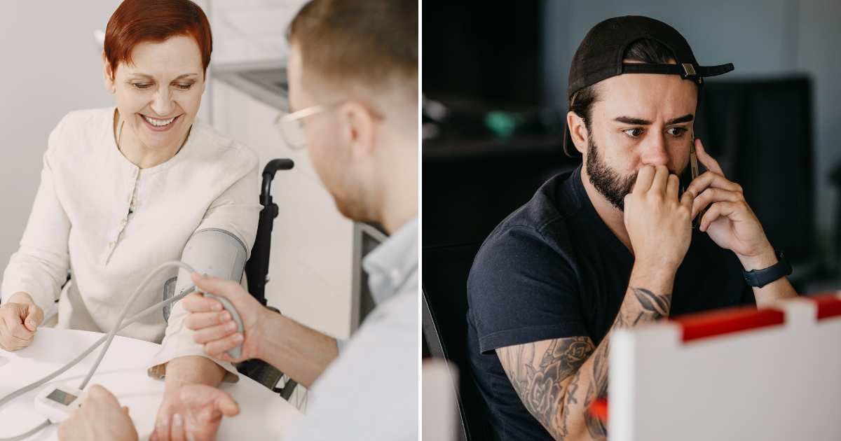 A man taking care of an elderly woman (L). A man shocked during a phone call (R). (Representative Cover Image Source: Pexels Images | Photo by Gustavo Fring and Jonathan Borba)