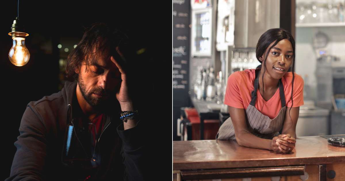 (L) An injured and distressed man at a bar. (R) A bartender. (Representative Cover Image Source: Pexels| L - Andre Taissin, R - Andrea Piacquadio)