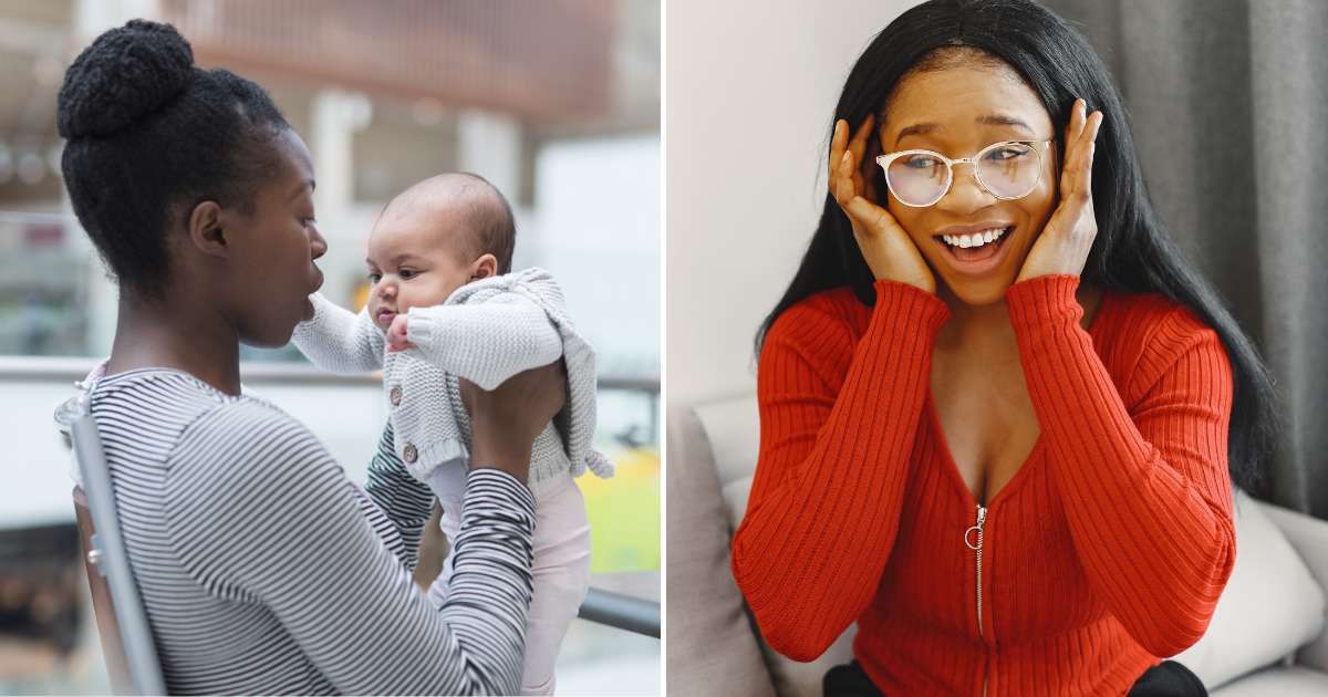 A woman consoling a baby (L). A woman happy and shocked at something (R). (Representative Cover Image Source: Getty and Pexel Images | Photo by FatCamera and Gustavo Fring)