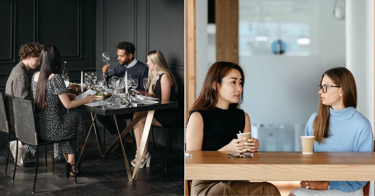 (L) Two couples on a double date. (R) Two women are having a serious conversation. (Representative Cover Image Source: Pexels| L - Pavel Danilyuk, R - Alexander Suhorucov)