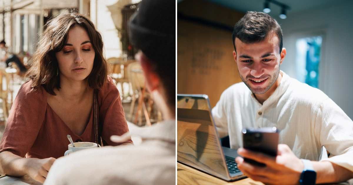 A woman on a date, looking upset (L). A man smiling at his phone (R). (Representative Cover Image Source: Pexels Images | Photo by Bethany Ferr and iam hogir)
