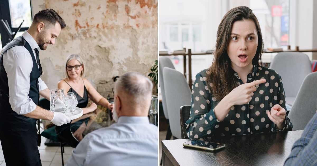 A waiter serving an elderly couple (L). A woman at a restaurant, shocked and pointing at someone (R). (Representative Cover Image Source: Pexels Images | Photo by Yan Krukau and SHVETS production)
