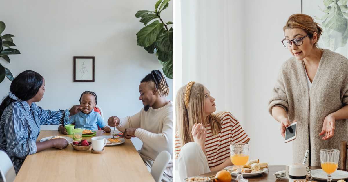 (L) Mom feeding toddler at breakfast table. (R) Mom talking to younger daughter. (Representative Cover Image Source: Pexels | (L) Mizuno K, (R) www.kaboompics.com)