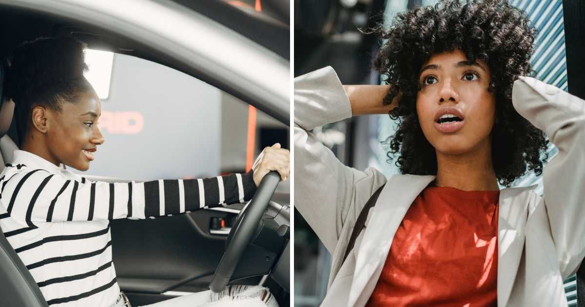 (L) Woman driving car. (R) Stunned woman. (Representative Cover Image Source: Pexels | (L) Gustavo Fring, (R) Roberto Hund)