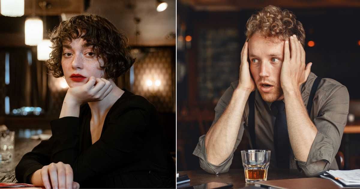 (L) A woman with short hair at a bar. (R) A man looks horrified and embarrassed. (Representative Cover Image Source: Pexels| L - Mart Production, R - Gustavo Fring)