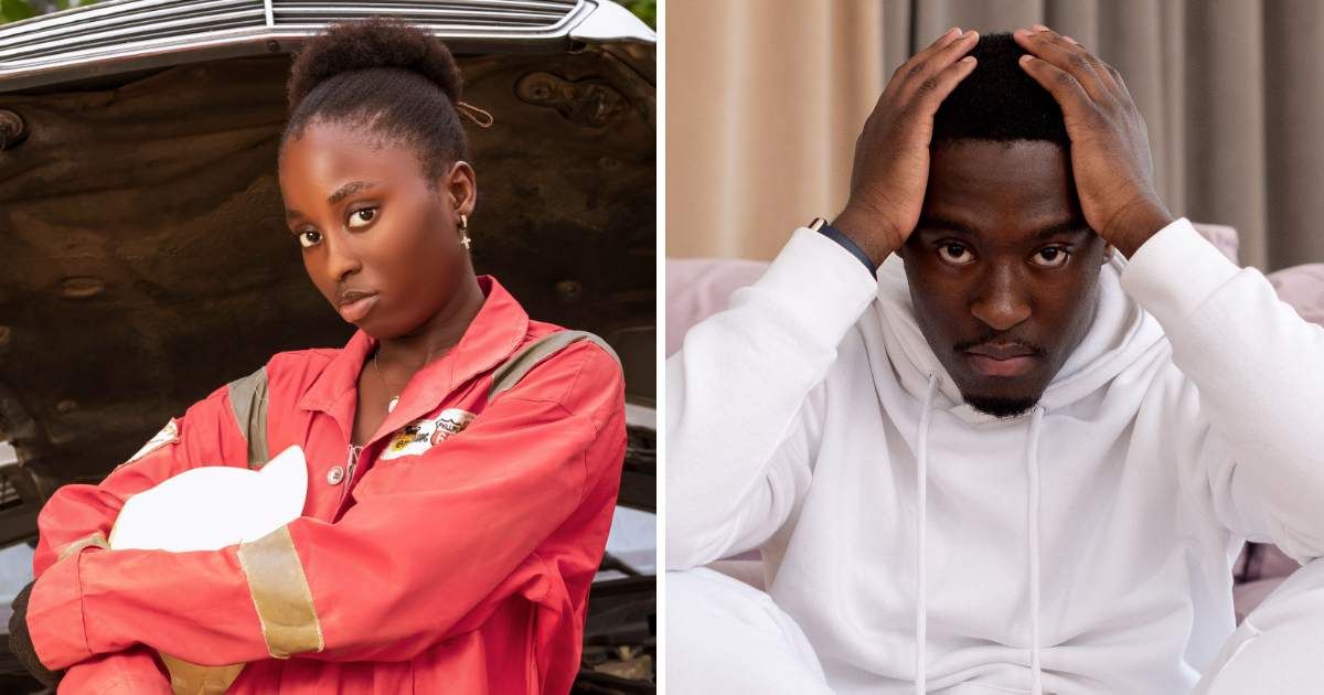 (L) Female mechanic standing in front of car. (R) Man holding head. (Representative Cover Image Source: Pexels | (L) King Zubby, (R) SHVETS production)