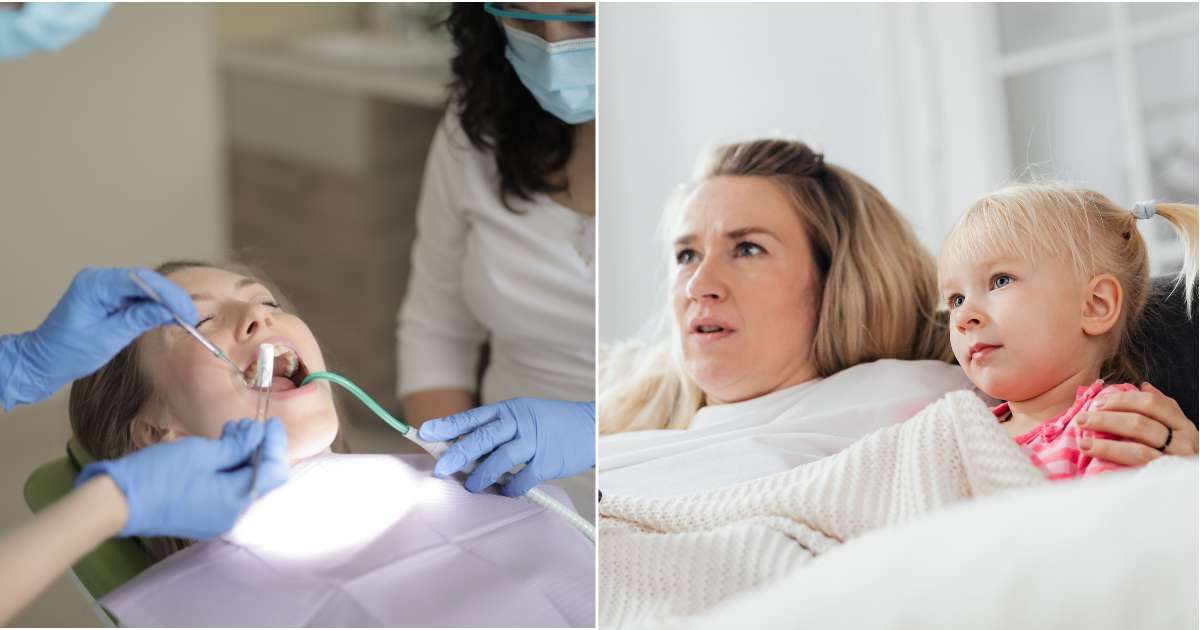 (L) A woman is getting teeth checked at the dentist. (R) A mom and toddler in the waiting room look shocked. (Representative Cover Image Source: Pexels| L - Andrea Piacquadio, R - Karola G)