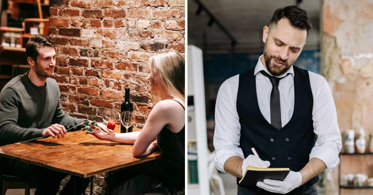 (L) Couple on dinner date. (R) Waiter talking to customers. (Representative Cover Image Source: Pexels | (L) Katerina Holmes, (R) Yan Krukau)