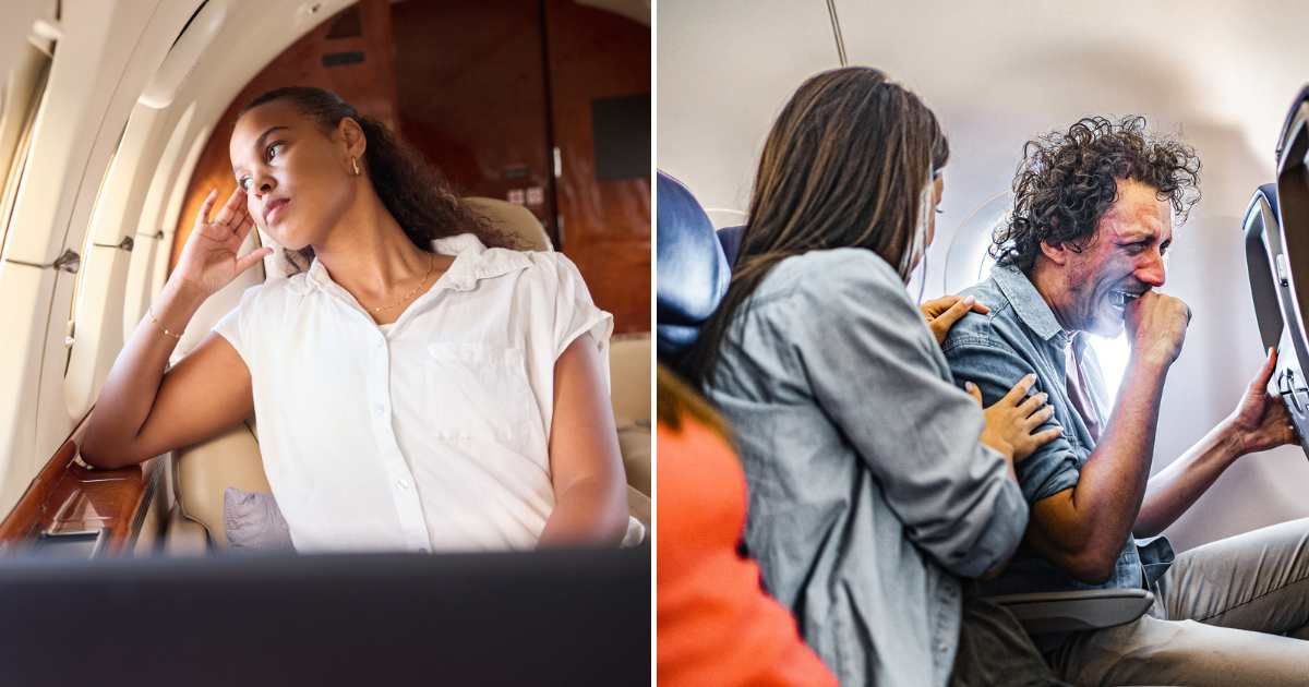 A woman looking upset and pensive in a plane (L). A man and woman laughing in a plane (R). (Representative Cover Image Source: Pexel and Getty Images | Photo by nattrass and Viktor Cvetkovic)