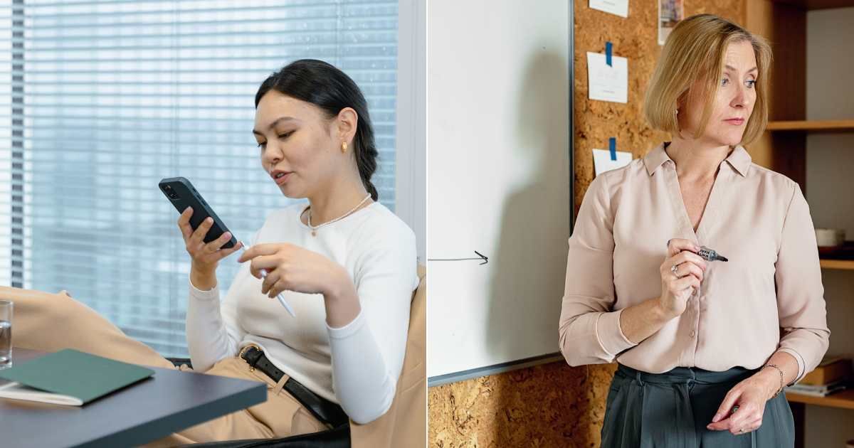 (L) A young employee is gossiping on her phone in the office. (R) A middle-aged employee looks annoyed during a meeting. (Representative Cover Image Source: Pexels| L - Mart Production, R - Mikhail Nilov)