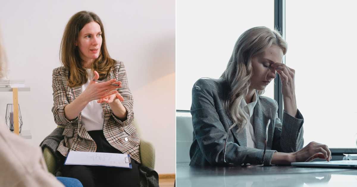 (L) A therapist is speaking to a client. (R) A woman in the office looks scared and guilty. (Representative Cover Image Source: Pexels| L - Shvets Production, R - Tima Miroshnichenko)