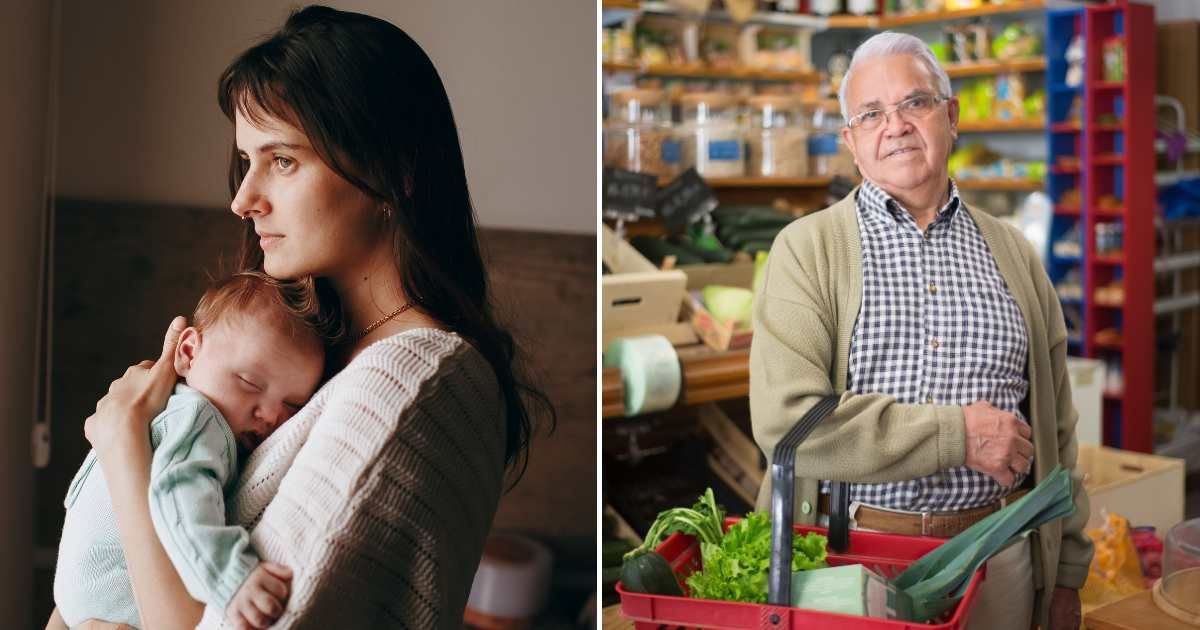 A woman holding her toddler baby close (L). An old man at a grocery store (R). (Representative Cover Image Source: Pexels Images | Photo by Helena Lopes and Kampus Production)