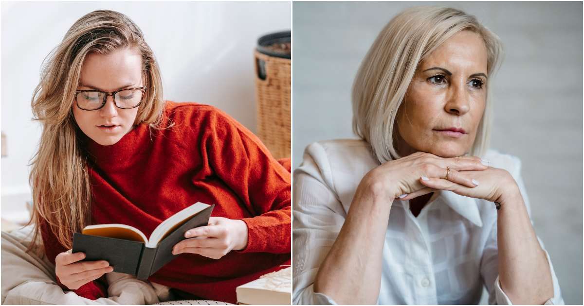 (L) A woman is engrossed in reading a journal. (R) An elderly woman looks at someone while keeping a straight face. (Representative Cover Image Source: Pexels| L - George Milton, R - Timur Weber)