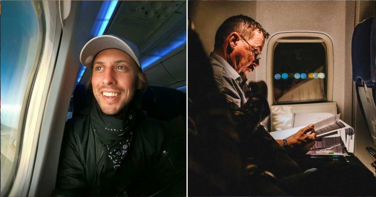 (L) Man smiling, looking outside the window on an airplane. (R) Older man at the window seat. (Representative Cover Image Source: Unsplash | (L) Austin Distel, (R) Mpumelelo Macu)