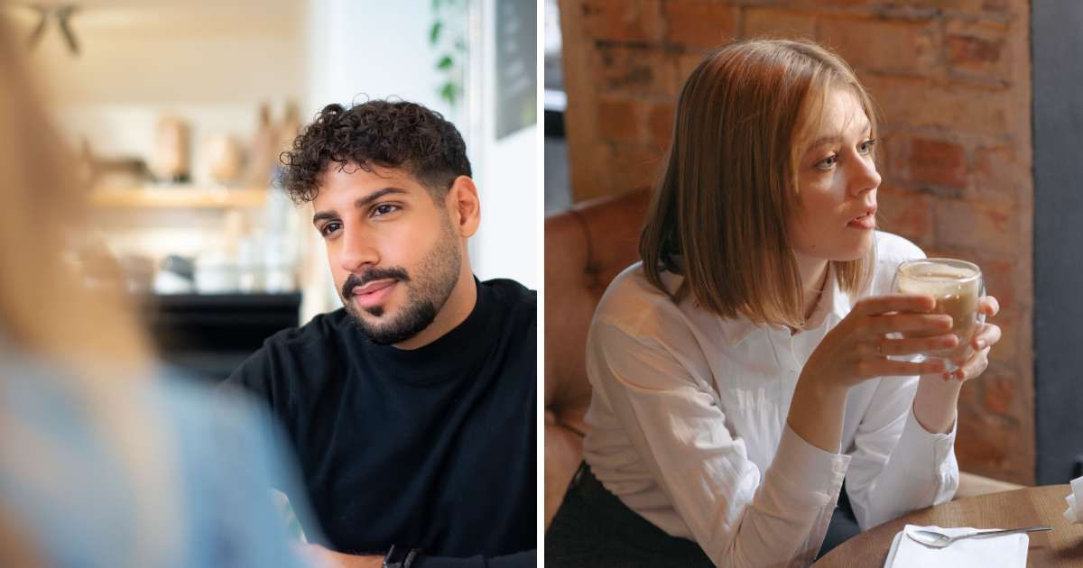 (L) Man talking to woman. (R) Woman drinking coffee. (Representative Cover Image Source: Pexels | (L) Kampus Production, (R) Pavel Danilyuk)