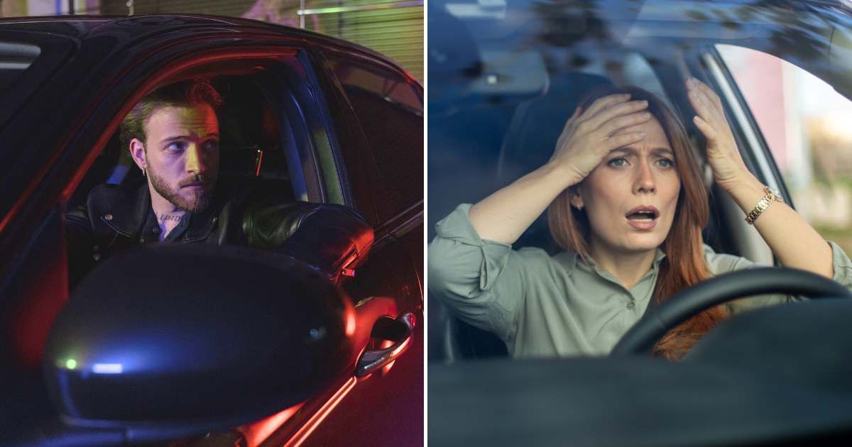  (L) A creepy man looking outside the car. (R) A woman in the driver's seat, looking shocked. (Representative Cover Image Source: L - Pexels| Ron Lach, R - Getty Images| draganab)
