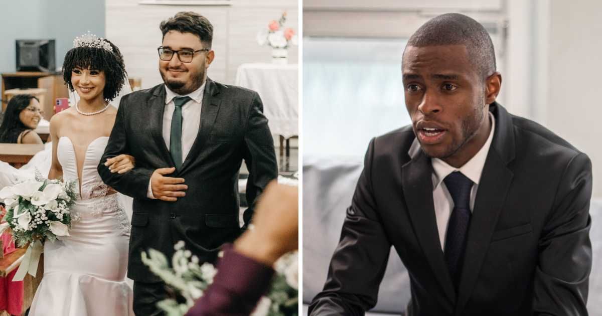(L) Couple at their wedding. (R) Man in suit shocked. (Representative Cover Image Source: Pexels | (L) Kawê Rodrigues, (R) KATRIN BOLOVTSOVA)