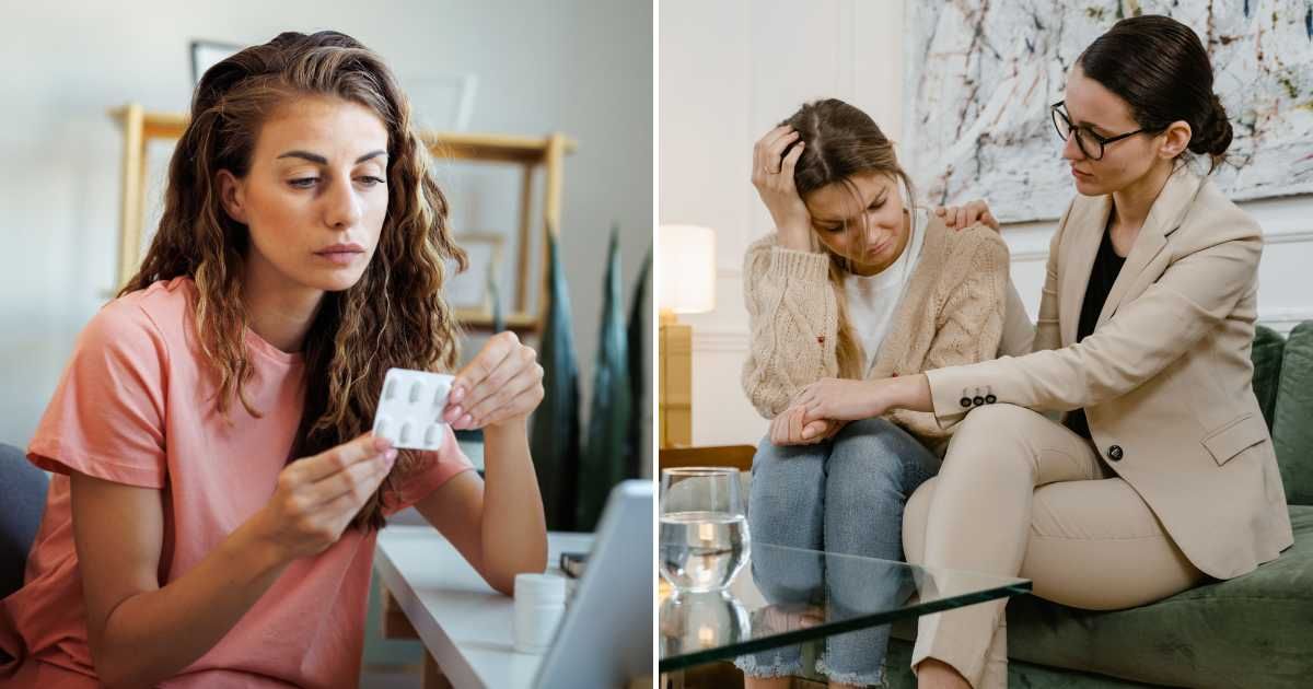 A woman with a worried look, checking a pill (L). A woman is crying, while another is consoling her (R). (Representative Cover Image Source: Pexel and Getty Images | Photo by mixetto and MART PRODUCTION)