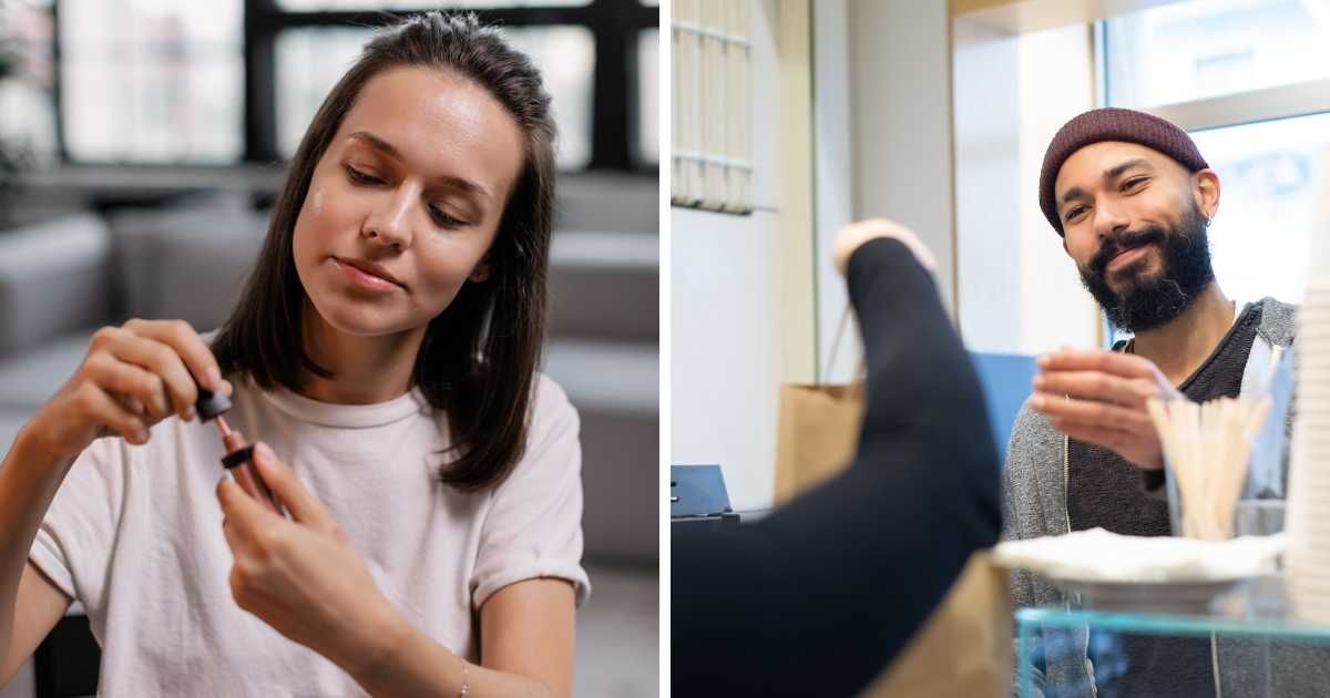 (L) Woman using lipstick. (R) Man taking a shopping bag and smiling. (Representative Cover Image Source: Pexels | (L) Alena Darmel, (R) Kampus Production)